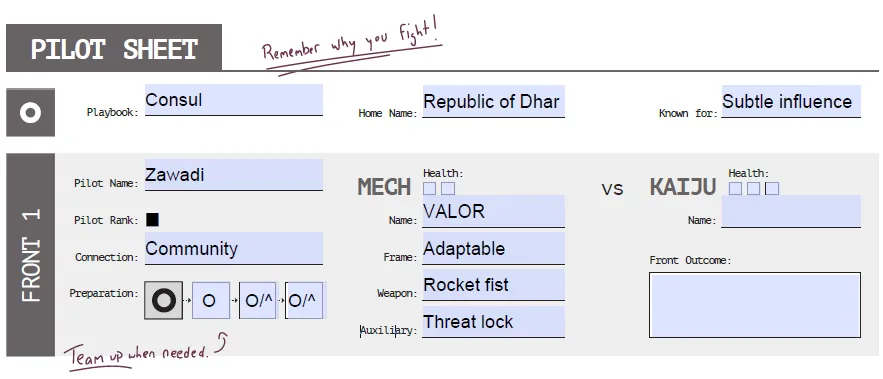 Zawadi character sheet after preparation moves